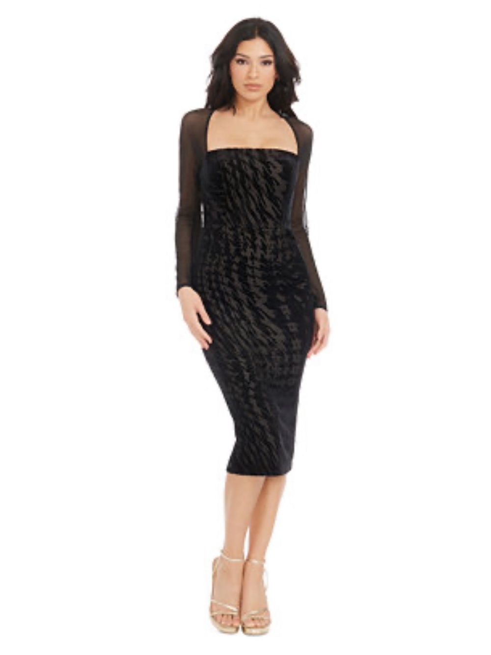 Dress the Population Black Sheer-Sleeve Velvet-Texture Midi Dress